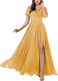 Vestidos femininos de dama de honra com gola V e mangas 2025 longo evasê chiffon vestido formal para noite com bolsos