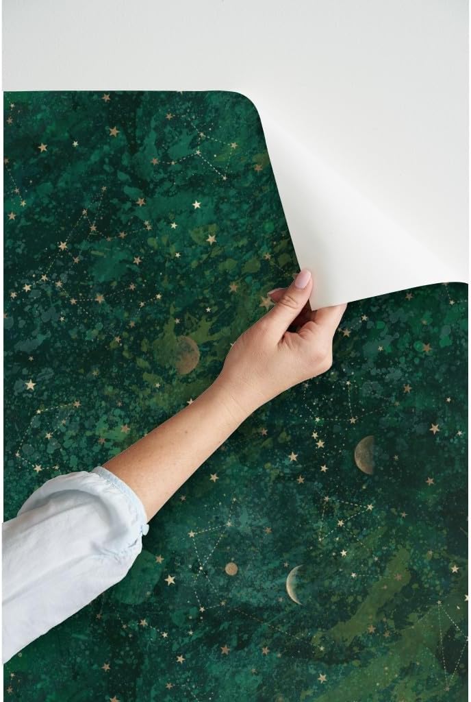 Spoonflower Peel & Stick Wallpaper 3ft x 2ft - Dark Green Moon Stars Bohemian Star Night Celestial Custom Removable Wallpaper