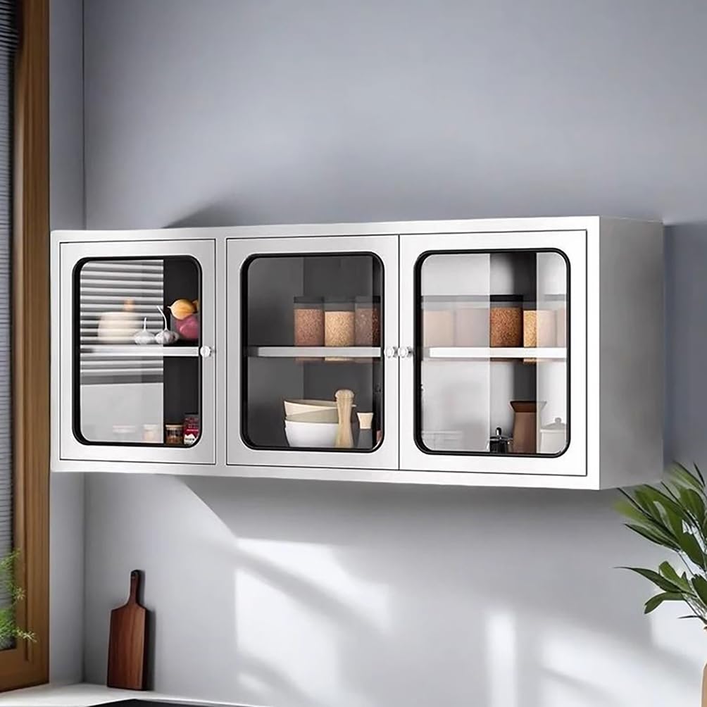 WYRNOBRX 59" Stainless Steel Double Door Storage Cabinets with Adjustable Shelves Floating Wall Cabinet for Kitchen And Bathroom Storage Silver Utility Overhead Furniture,Silver/A,L150*H60*W35