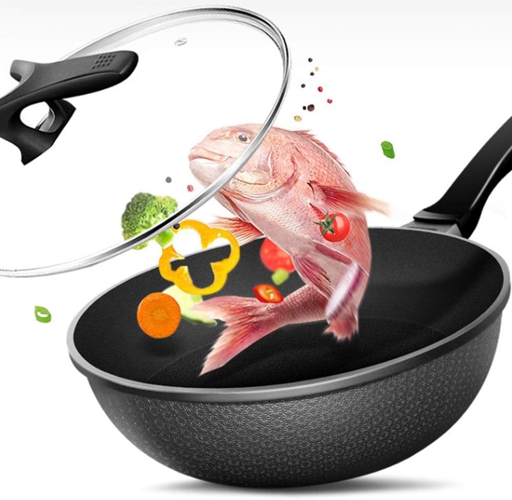Wok in Lega di Alluminio con Supporto Coperchio in Vetro Wok Antiaderente Leggero per Saltare in Padella Manico ergonomico AntiGraffio 30 cm(30cm)