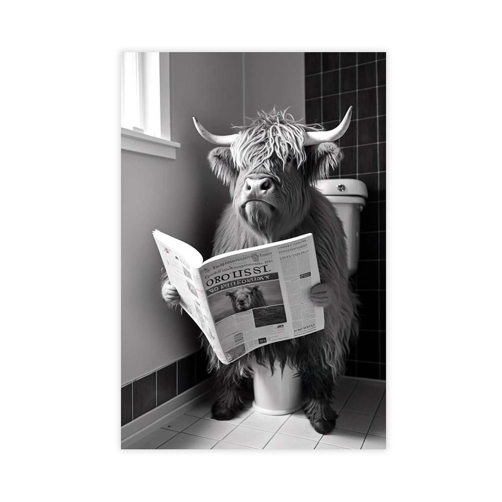 Hgfh5td Animals Sitting On The Toilet Reading A Newspaper Bundle, Funny Bathroom, Monkey Dog Highland Cow Canvas Wall Art Print Poster For Home School Office Decor 24X36inch(60X90cm)