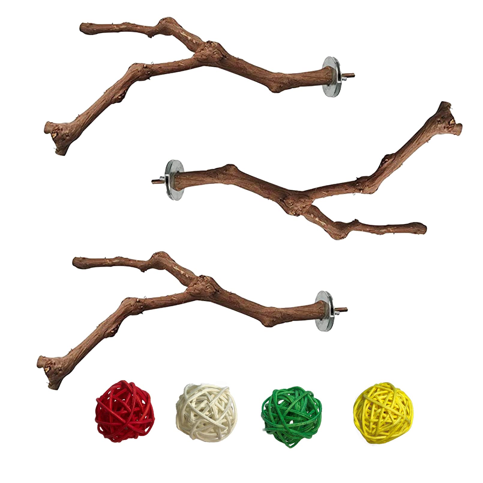 PINVNBY Bird Perches for Cage,3Pcs Parrot Perches Natural Grape Wood Birdcage Stands Pole 4Pcs Birds Toys Ball for Parakeet Lovebirds Budgies