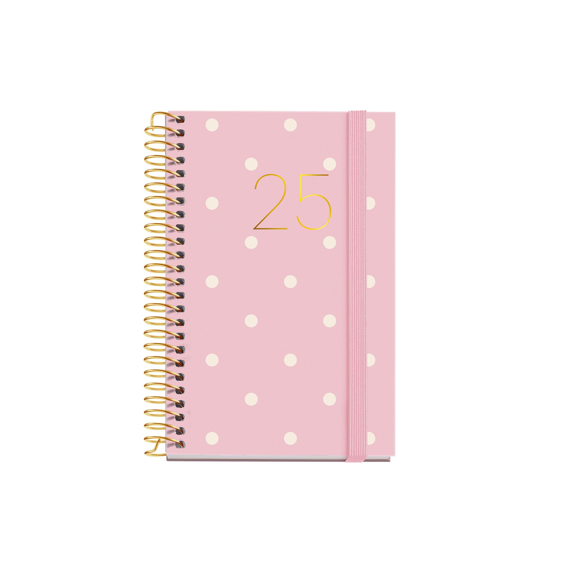 Miquelrius - Agenda 2025, Agenda anual 80x120 mm, Agenda día página, Cubierta cartón forrado plastificado, Espiral, Cierre goma elástica, Papel 80 g/m², Catalán, Inglés y Portugués, Polka dots