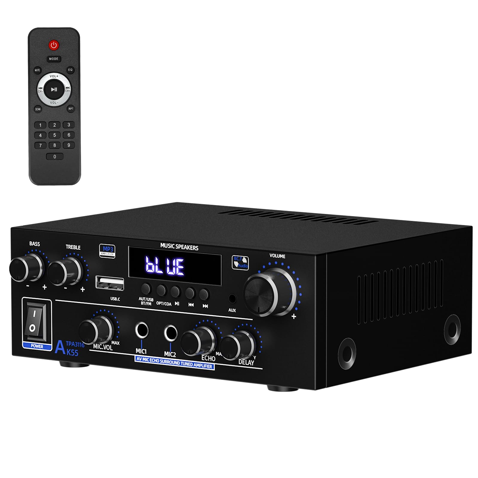 Stereo Audio Amplifier 2 Channel, 1000W Bluetooth 5.3 Amp TPA3116 Chip, Hifi Amplifier for Two 50W x2 Speakers of About 8 Inches, USB/FM/MIC, for TV, for home or your Car (AK55)