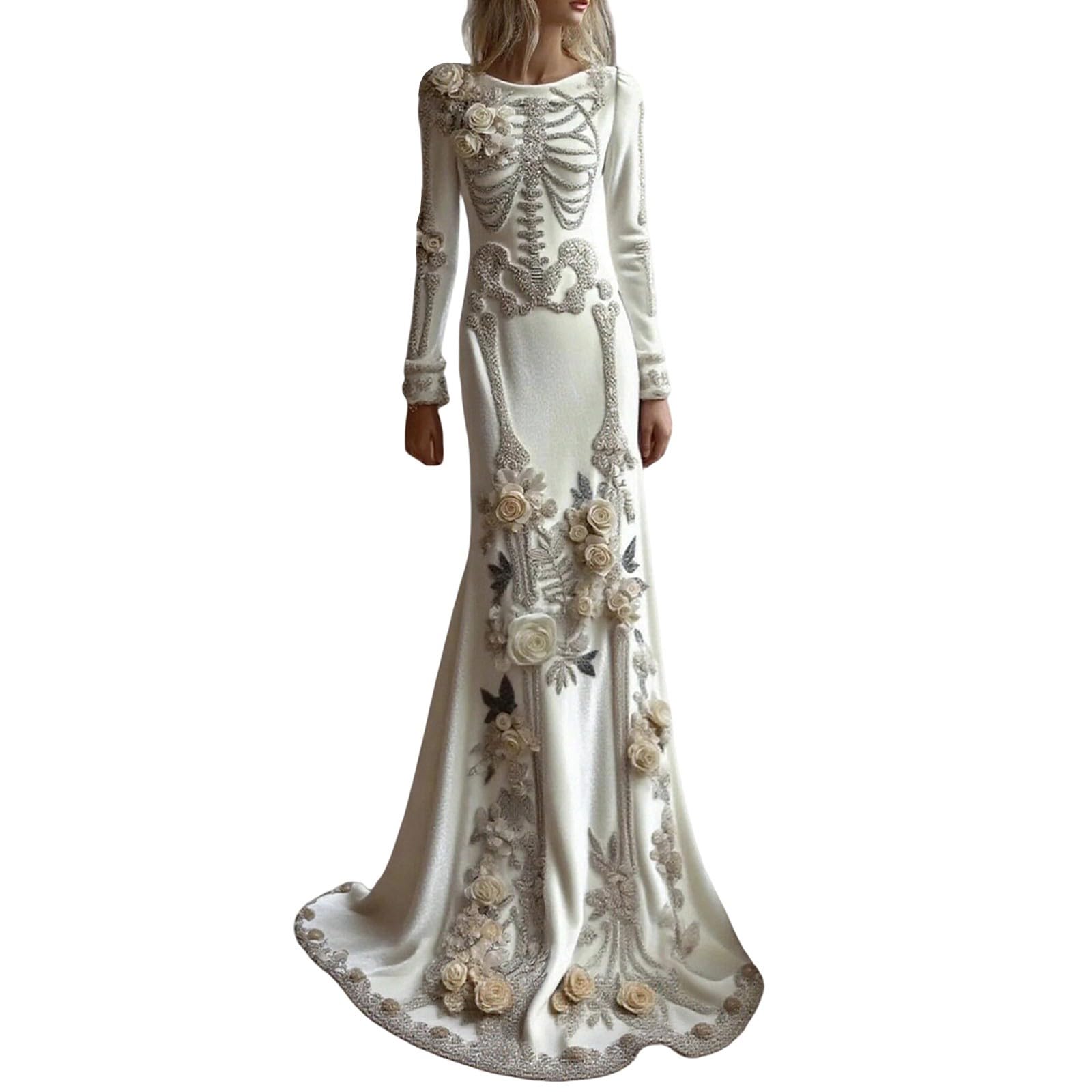 Women's Skeleton Print Mermaid Maxi Dress Long Sleeve Halloween Dresses for Women 3D Digital Print Floral Gothic Fancy Dress Costume — image 1