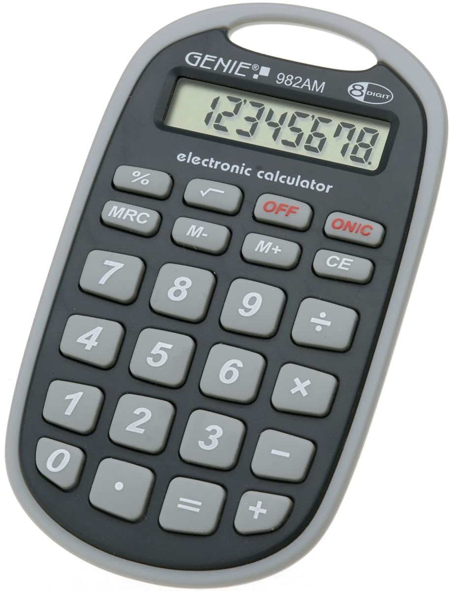 Genie 982 AM Compact Calculator with Attachment Loop 8-Digit Display Black/Grey