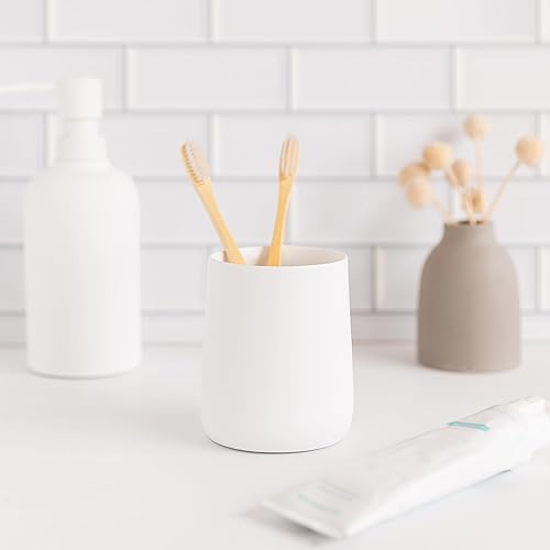 Miniatura 6 de Soporte para cepillo de dientes y pasta de dientes blanco mate y taza para tocador de baño y encimera, organizador redondo para cepillos de dientes