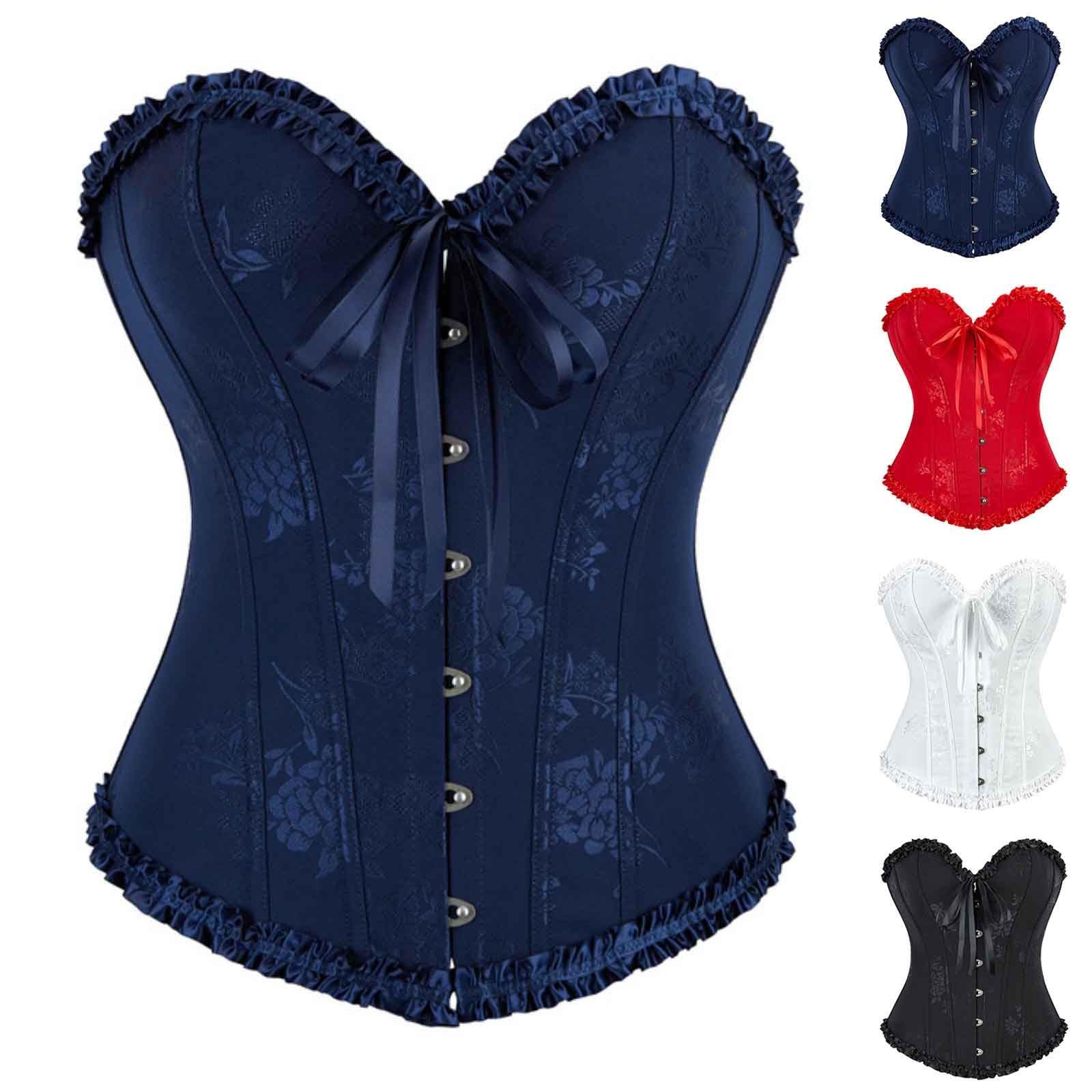 Women's Victorian Corset Top Ladies Floral Jacquard Overbust Basque Bustiers Ruffle Waist Trainer Lace up Boned Bustier Top Chest Support Waist Cincher Push Up Body Shaper Renaissance Shapewear
