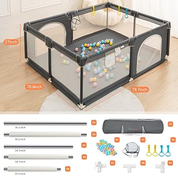 COMOMY Playpens for Babies and Toddlers, 79x71 Baby Playard Extra Large, Safe and Non-Slip Baby Fence, Full Mesh Design, Indoor & Outdoor Kids Activity Center, Baby Play Pens (Dark Grey)