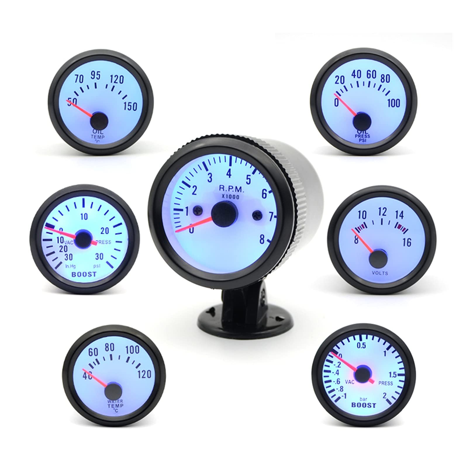 Zwiększenie/temperatura wody/temperatura oleju/prasa olejowa/napięcie/obrotomierz RPM. Gauge 52mm Analogowy LED Czarna skrzynka z niebieskim PROWADZONY