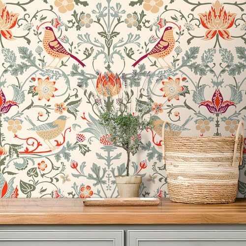 iPaste Western Victorian William Morris Wallpaper Peel and Stick Retro Strawberry Thief Art Deco Wallpaper for Bedroom Bathroom Cabinets Drawers Vintage Beige Floral Bird Wall Mural Wall Paper 17.5x80