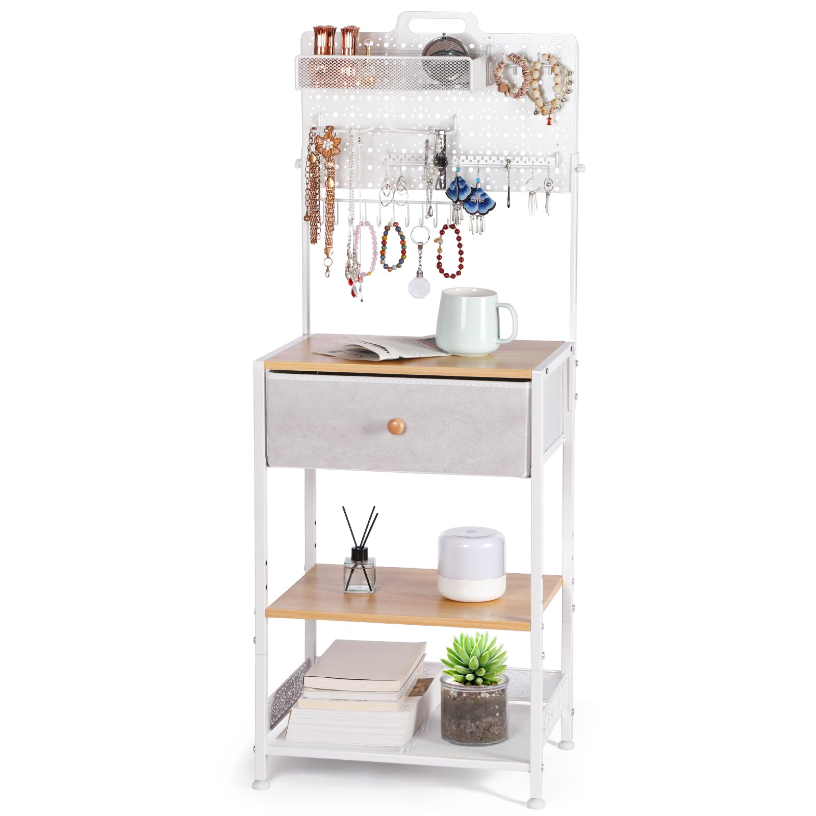 HYCFYJR Table de Chevet avec Porte Bijoux, Table de Nuit avec Tiroir en Tissu, Moderne Chevet de Lit, Bout de Canape pour Chambre, Salon, Naturel Blanc