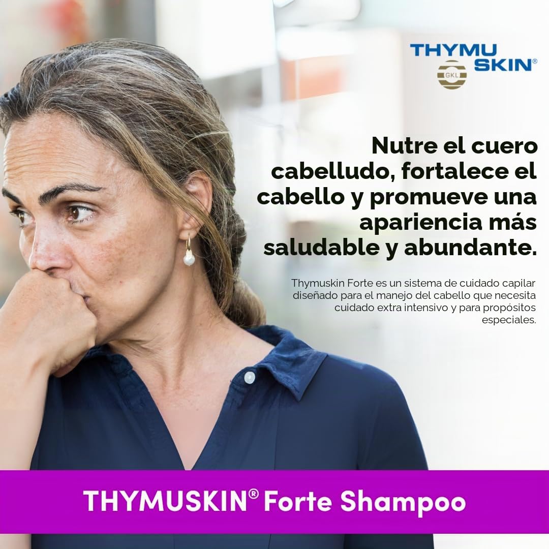 Thymuskin Forte Champú – Medio contra la caída del cabello fuerte para mujeres y hombres – Activa el crecimiento nuevo del cabello – confirmado por ensayos clínicos – no efectos secundarios – Puntos de cuidado premium – 200 ml