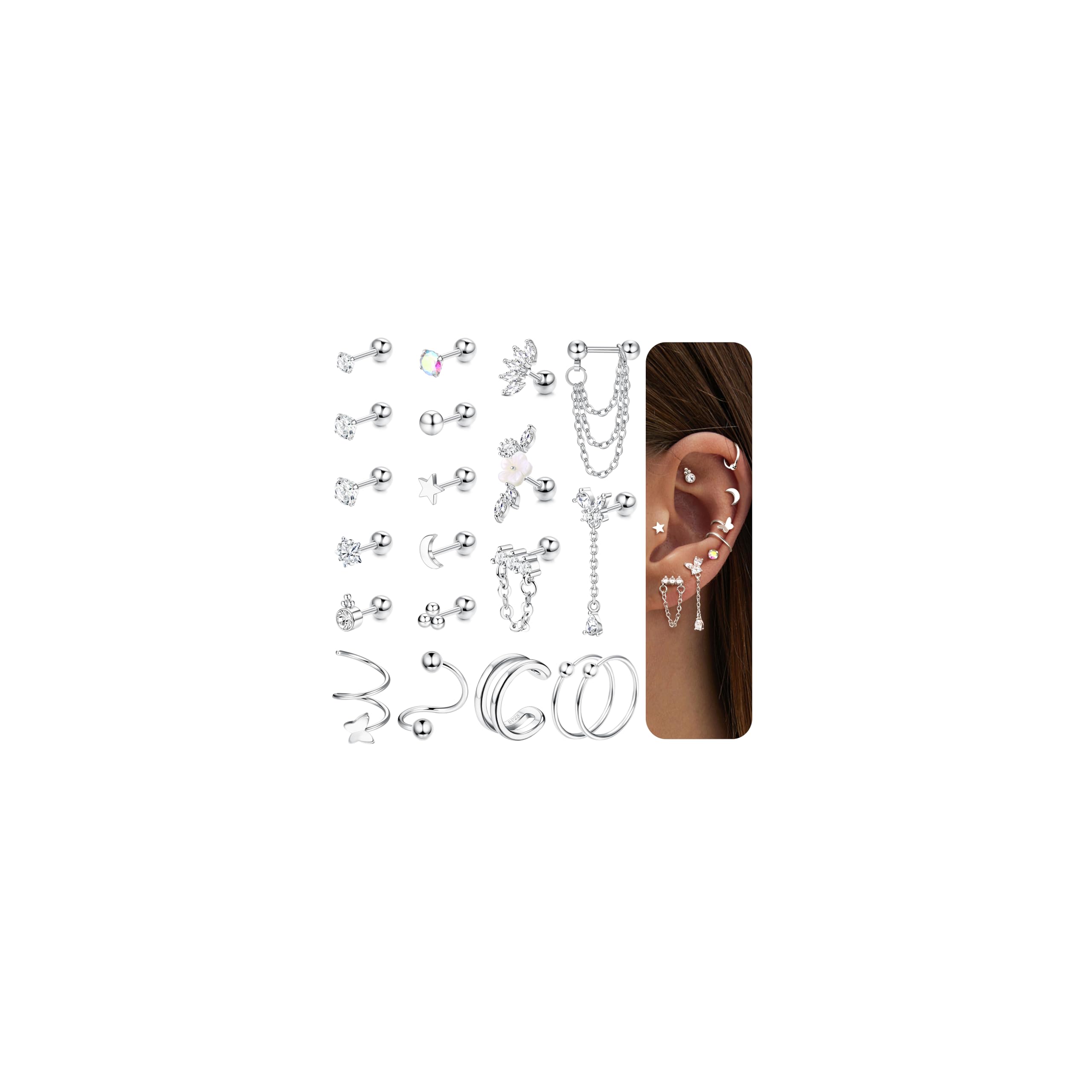 HMJGDHX 20 sztuk stal chirurgiczna Helix Piercing biżuteria hipoalergiczna śruba kolczyki z płaskim tyłem zestaw Tragus Hoop muszla Daith Piercing biżuteria klip srebrne złote kolczyki na chrząstkę