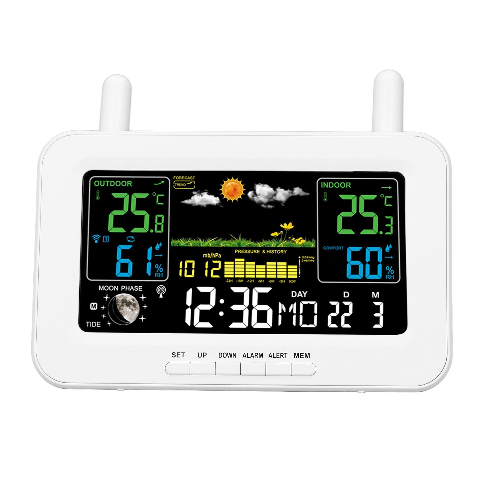 Temperatura y Humedad Interior y Exterior Fáciles de Leer, Alertas Personalizables, Hora, Fecha, Alarma, Repetición de Alarma, Fase Lunar, Presión Barométrica, índice de (Enchufe