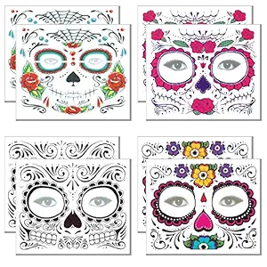 Day of the Dead Tattoo(8 PACK) Halloween Makeup Tattoos Decor Stickers Sugar Skull Temporary Face Tattoo for Halloween Masquerade Party(Floral, Glitter Roses, Web and Floral Skeleton)