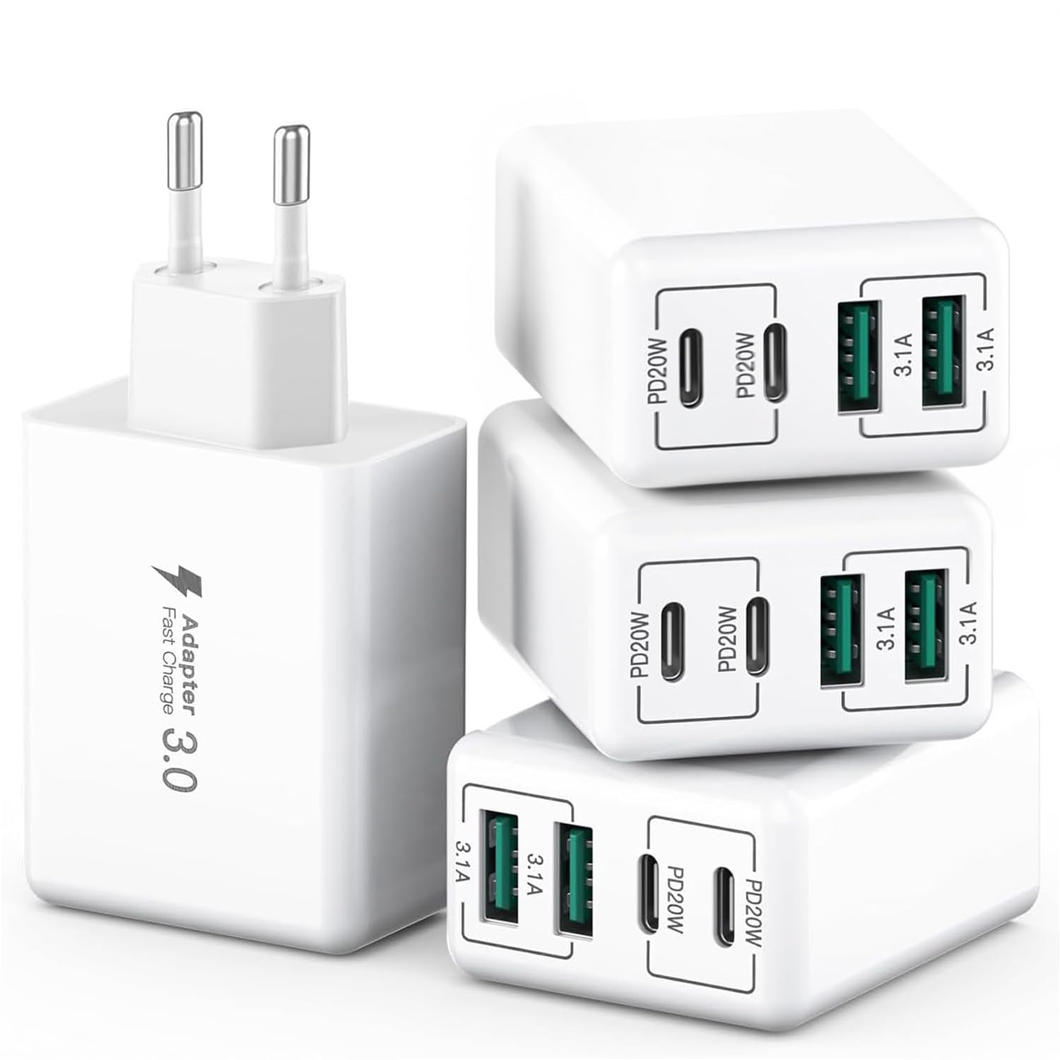 Set di 4 caricabatterie USB-C Caricabatterie rapido multiporta da 40 W PD 3.0 Adattatore di alimentazione USB-C per telefoni cellulari Compatibile con iPhone 16/15/14/13/12/11/Galaxy S24/S23/S22