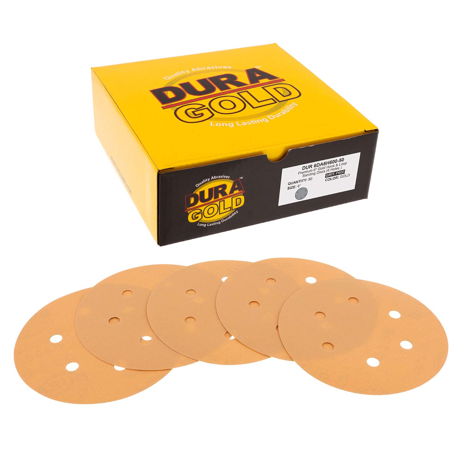 Dura-Gold Premium 600 Grit 6" Gold Sandpaper Discs, 6 Hole Pattern Dustless, Box of 50 - Hook & Loop Backing for DA Sander, Finishing Fine Cut Sanding