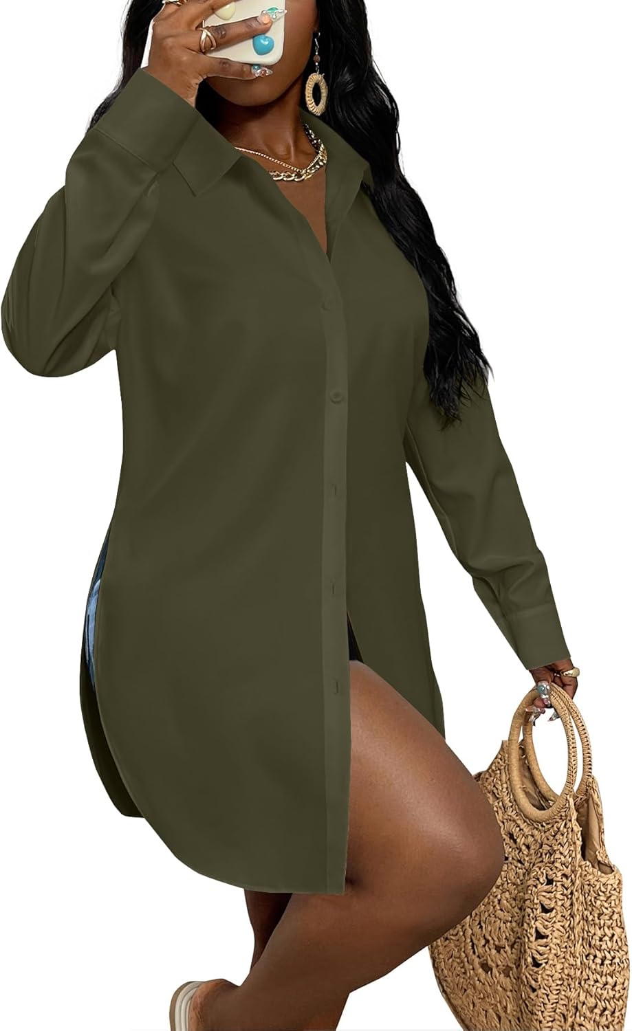 LYANER Women's Collar V Neck Button Front Long Sleeve Slit Hem Long Shirt Blouse Top - Image 3