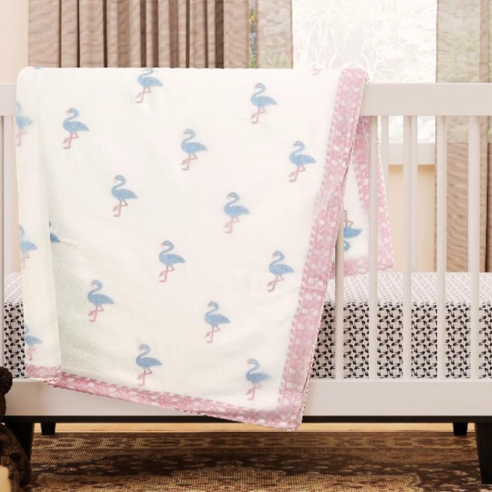 PShomes 100% Muslin 3D Dohar Handblock Kids Blanket - 3-Layer Fabric, Natural Dye & Non-Toxic, Lightweight & All-Season (Flamingo 40x60) 2
