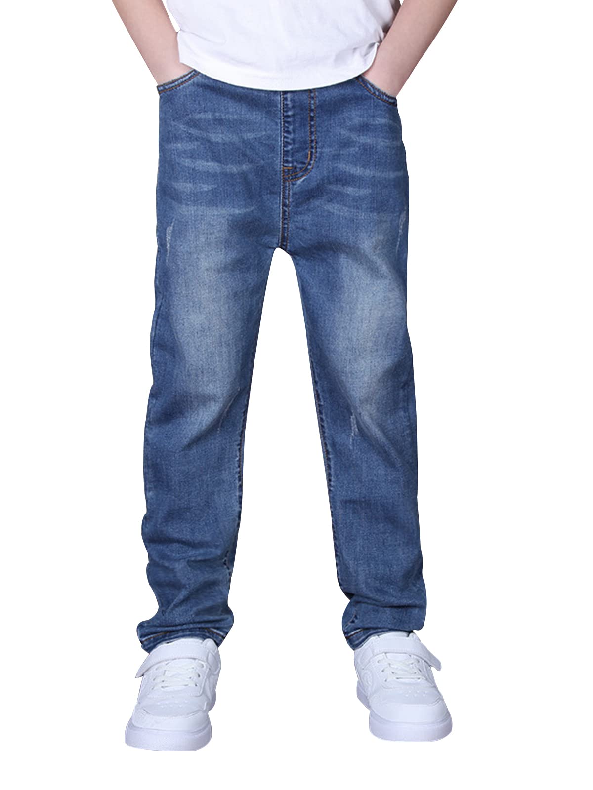 YOUNGSOUL Jungen Jeans Slim Fit Stretch Kinder Jeanshosen Denim Hose mit elastischem Bund Denim Blau 128-134/Größe 130