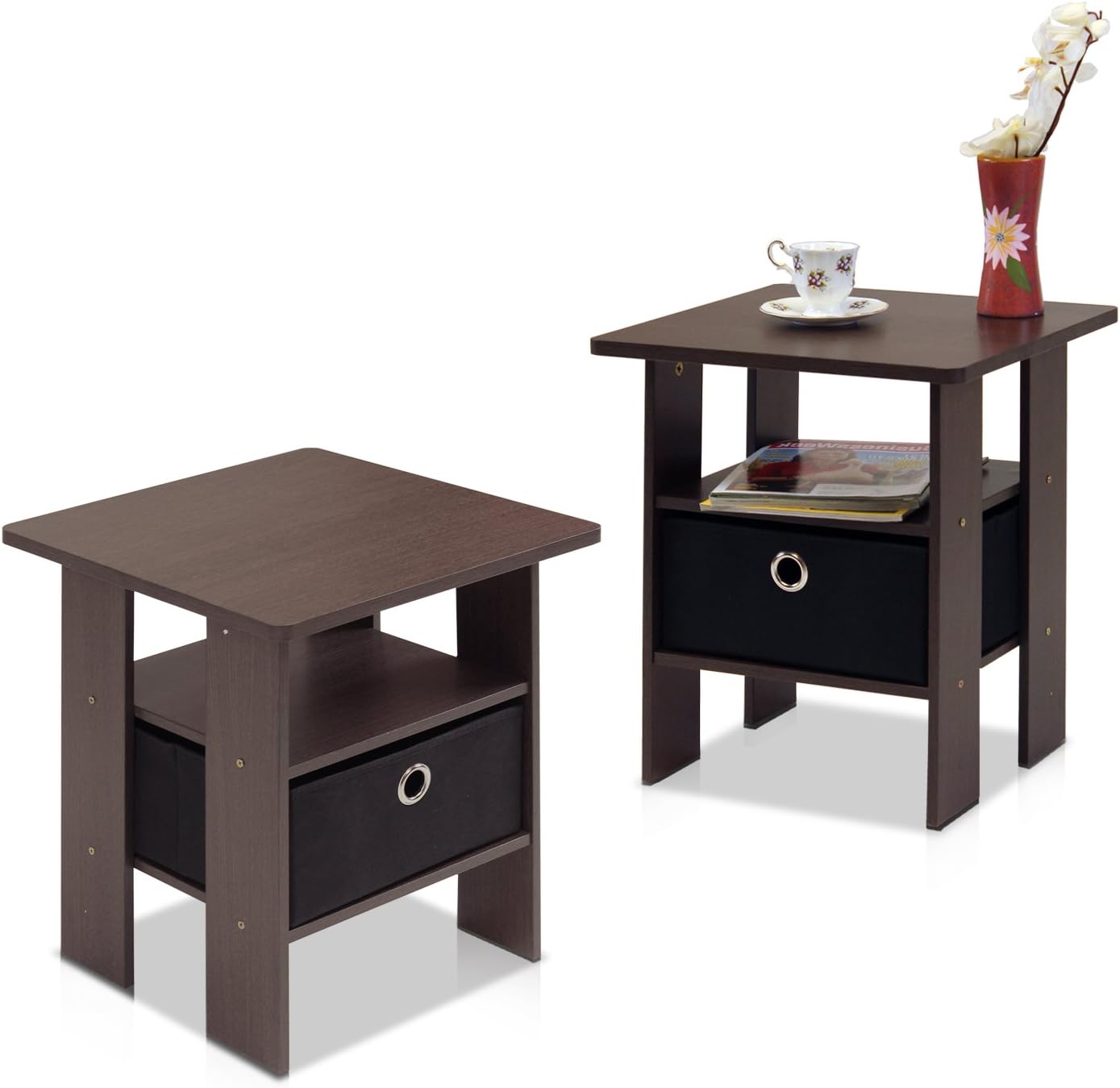 Furinno Andrey Set of 2 End Table / Side Table / Night Stand / Bedside Table with Bin Drawer, Dark Brown/Black