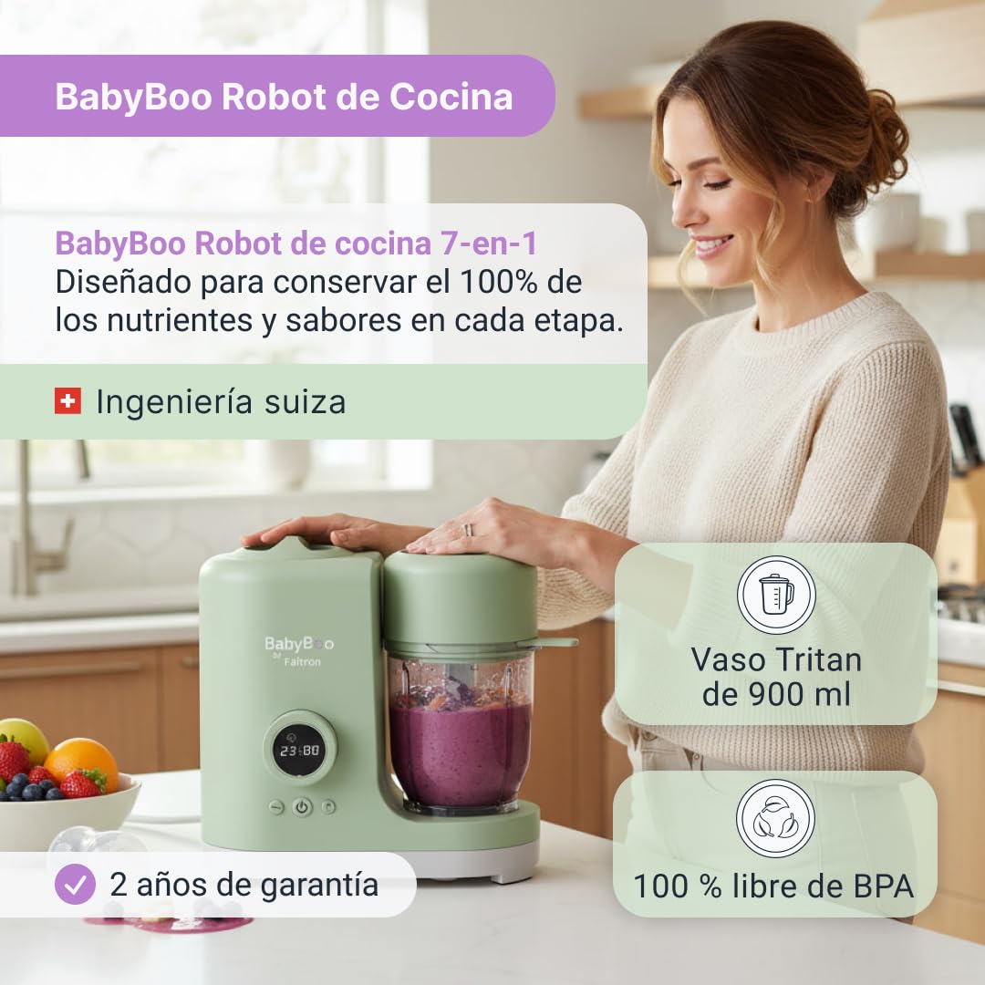 BabyBoo Robot de Cocina para Bebés 7 en 1 - Cocina al Vapor y Tritura en 20 Minutos, Potente 300W, Calientabiberones y Esterilizador, Vaso de Tritan, Cesta de Acero Inoxidable, Pantalla Digital