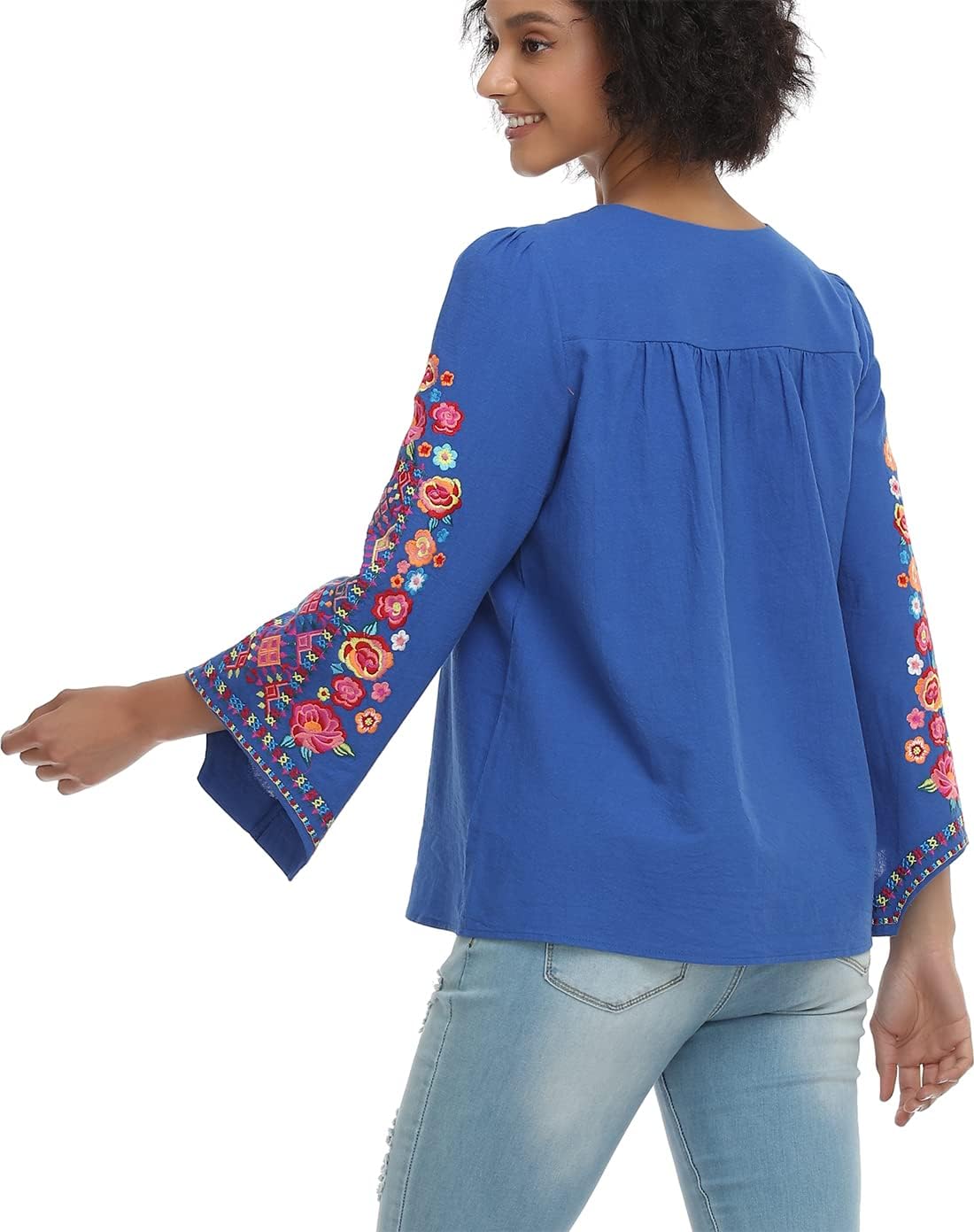 YZXDORWJ Women's Mexican Long Sleeve Blouse Embroidered Traditional V Neck Top Boho Tunic
