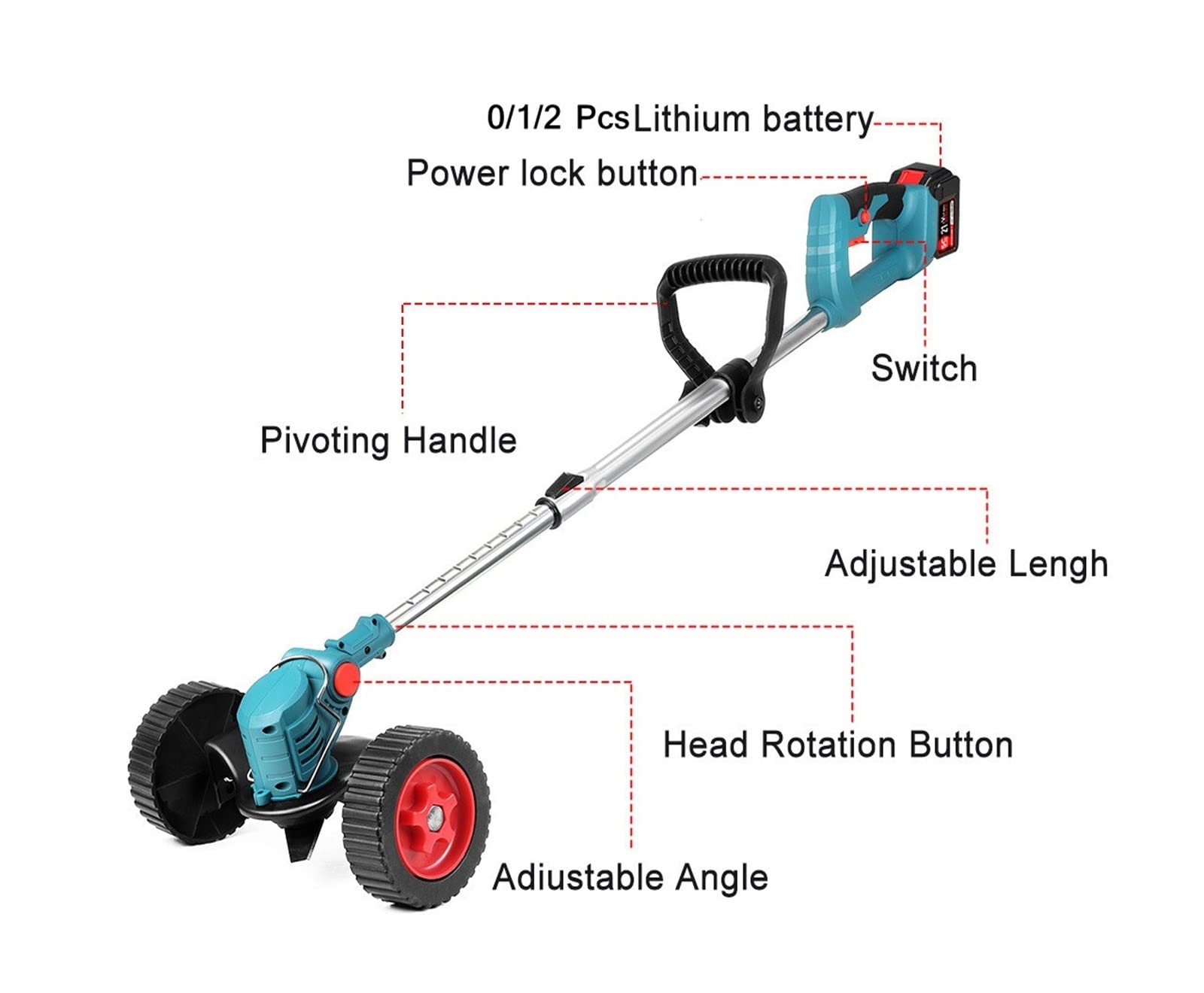 Tagliaerba Elettrico A Batteria 21V 900W Con Lunghezza Regolabile, 3 Lame Interscambiabili, Per Giardino E Prato, Modello Con Ruote (Opzioni Disponibili)
