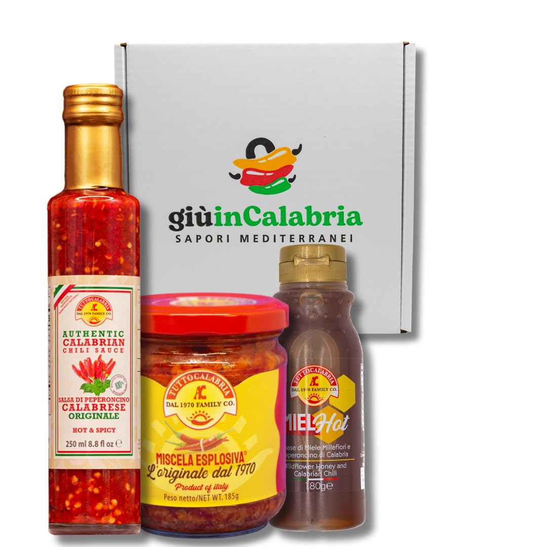 Tutto Calabria Box Regalo Piccante - Miscela Esplosiva 185g, Calabrian Chili 250g e Miele Hot 180g - Tris Perfetto, Peso Totale 545g