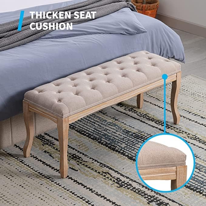 Miniatura 4 de Mjkone Banco de entrada, taburete tapizado de lino, taburete otomano de pie para pie de cama, banco de dormitorio otomano para zapatos, otomana de