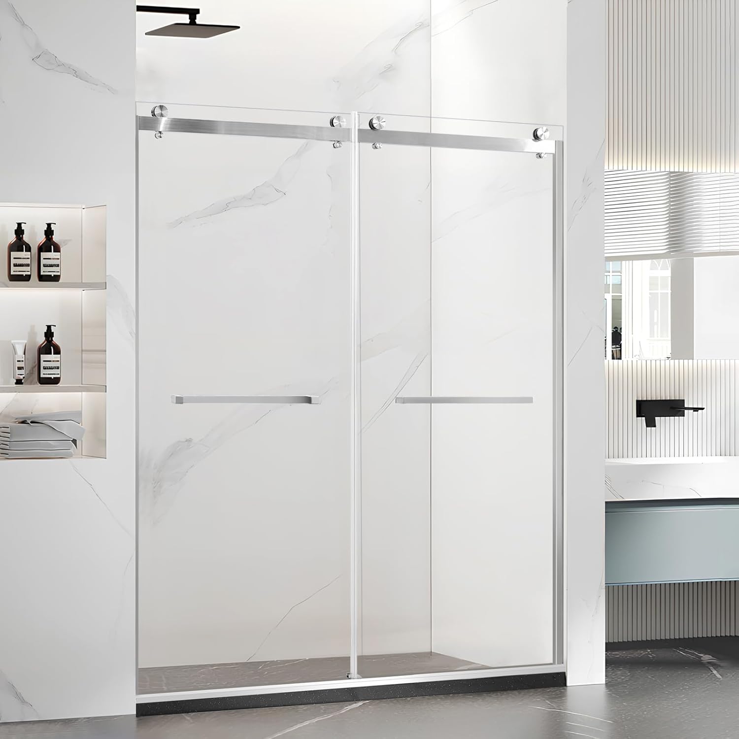 Paris Shower Door, 60" W x 74" H Double Sliding Shower Door with 5/16"(8mm) Clear SGCC Tempered Glass, Bathroom Framed Shower Glass Doors, Brushed Nickel
