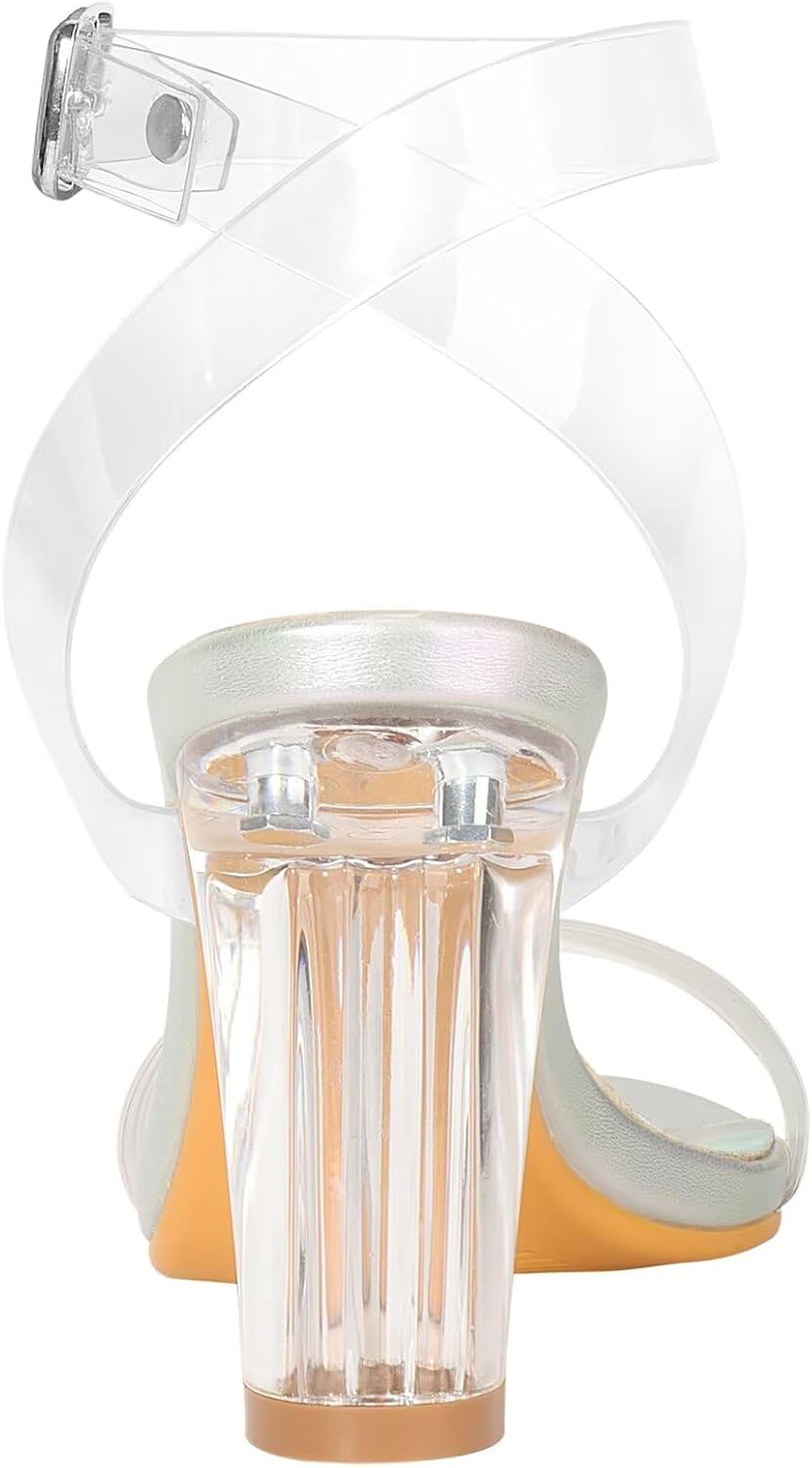 ZriEy Clear Block Sandals Chunky Heels for Women 3.35 Inch Open Toe Adjustable Ankle Strap Pump Sandals for Weddings Parties Daily Wear - Image 3