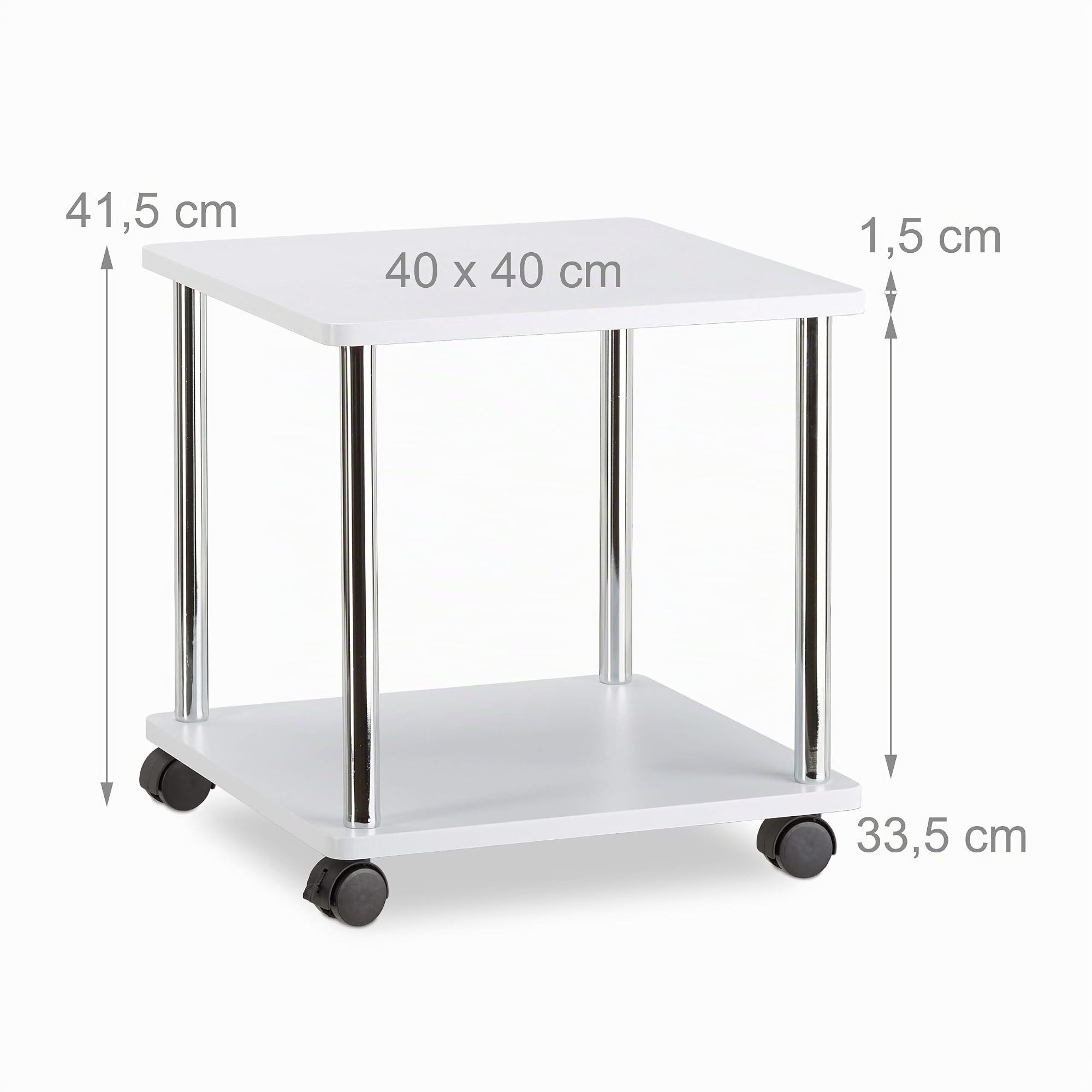 Relaxdays Tavolino da salotto legno carrello con ruote multiuso piccolo tavolo divano carrellino HLP 41,5x40x40cm bianco