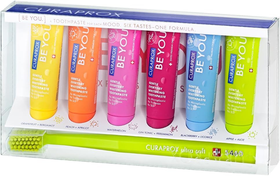 Curaprox Be You Toothpaste Taster Pack – Set of 6x10ml Bold Flavours | Gentle Whitening with Enzymes & Fresh Breath | Includes CS 5460 Ultra Soft Toothbrush | Vegan, SLS-Free | Made in Switzerland
