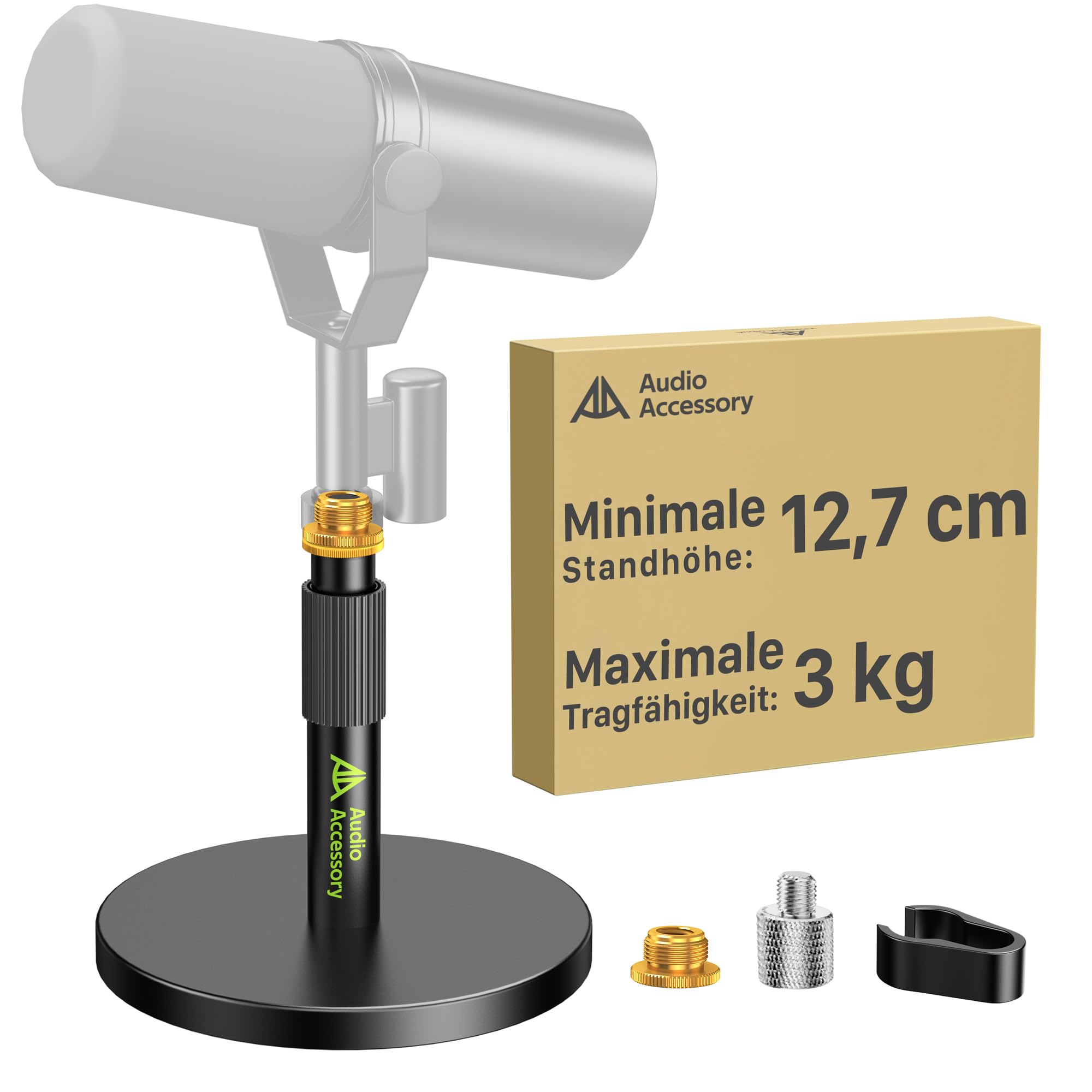 AA AUDIO ACCESSORY Mikrofonständer Tisch, Ultra-Niedrige 12,7cm Höhenverstellbar, 3kg Tragfähigkeit, Vollmetall Mikrofon Tischstativ für Shure SM7B SM7dB MV7+, Fifine, Blue Yeti Snowball, Rode PodMic