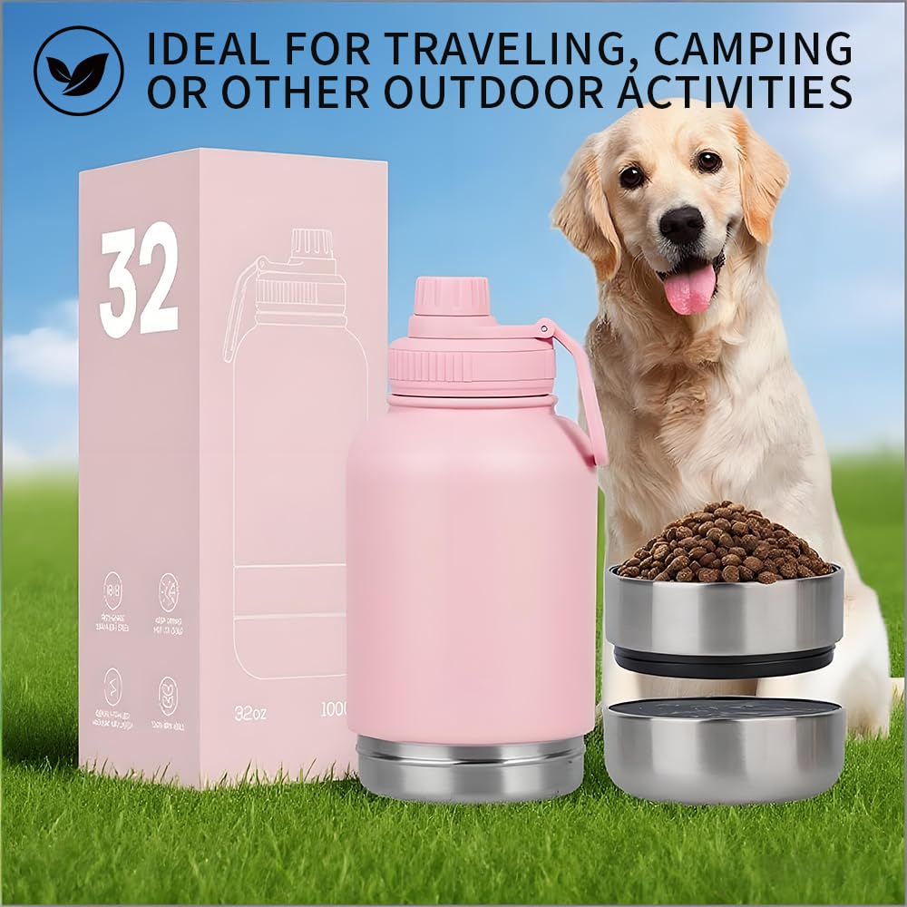 Pets Hundetrinkflasche für Unterwegs, 950ml Isolierte Edelstahl Trinkflasche Hunde mit Futterbehälter Wassernapf & Tragegriff, Tragbare Hundeflasche BPA-frei für Reise Spaziergang & Outdoor, Rosa