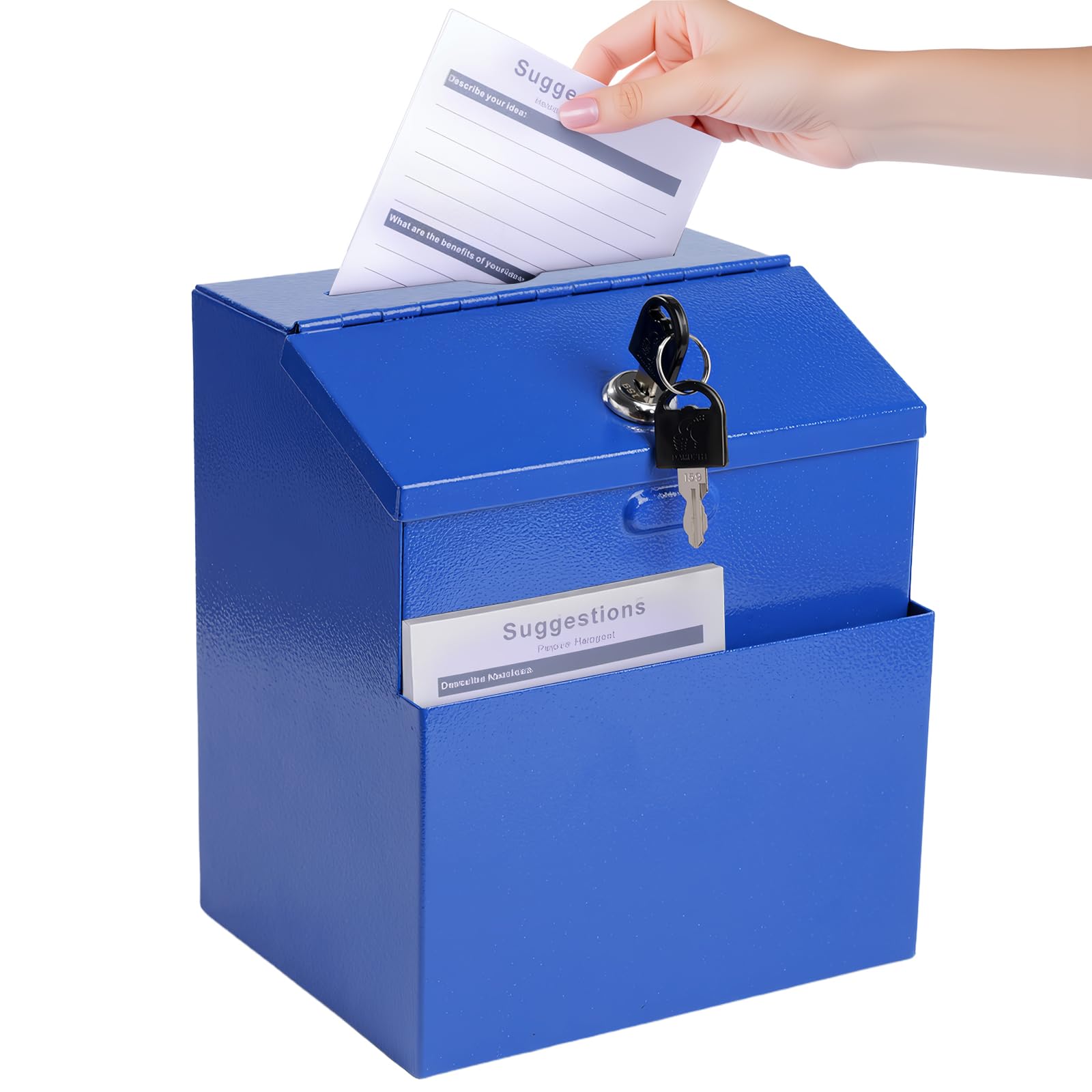 Photo 1 of Suggestion Box with Slot and Lock & 50 Suggestion Sheets Wall Mounted Comment Ballot and Donation Box with Lock Steel Blue