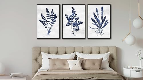 Miniatura 6 de Arte de pared botánico enmarcado grande – Decoración de pared de hoja azul marino de 16 x 24 pulgadas, juego de 3 impresiones artísticas Azul