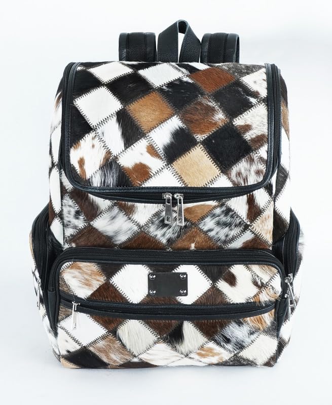 Western Black Patchwork Cowhide Leather Backpack - Everyday Travel Backpack - Genuine Leather Cow Print Checkered Diaper Bag2