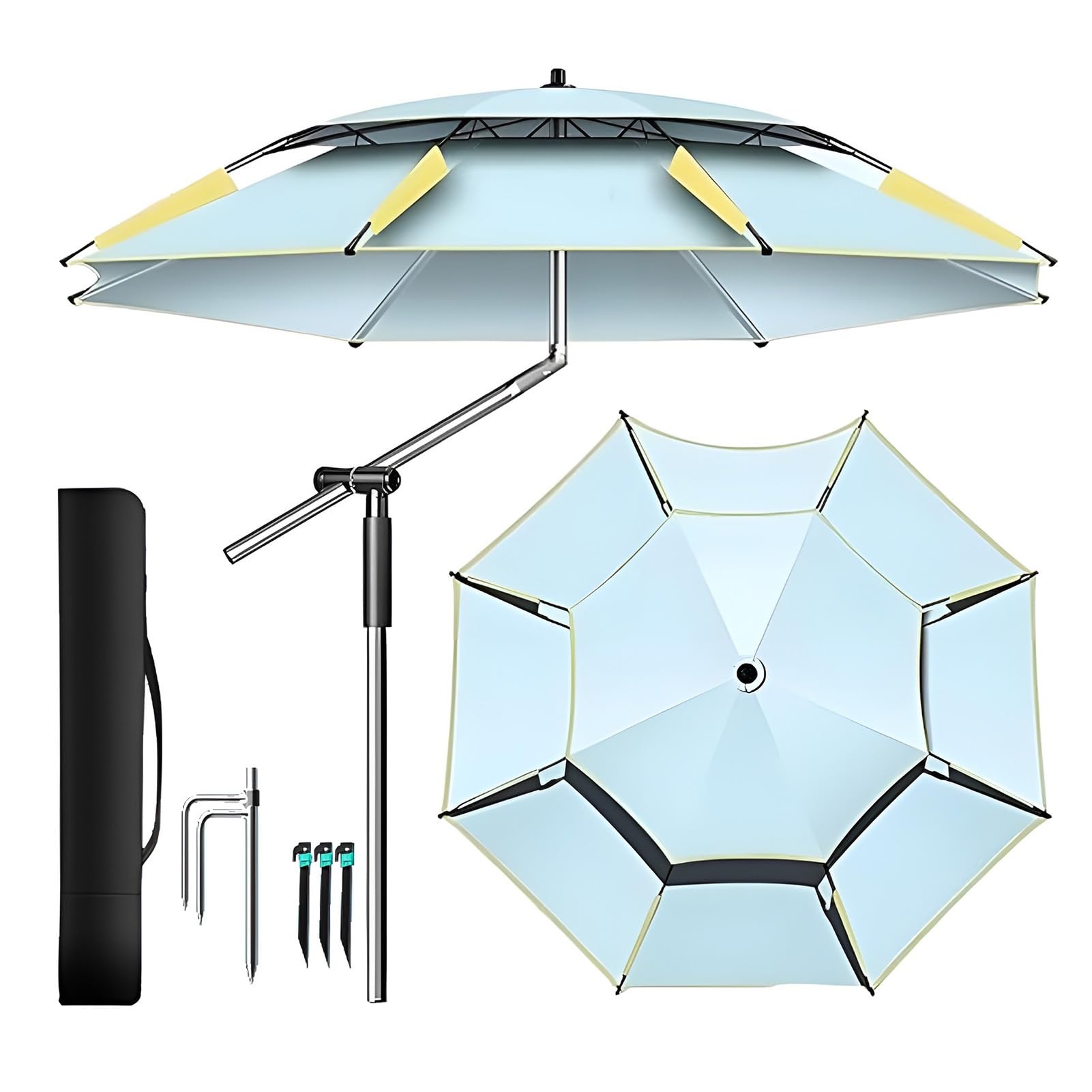 Przenośny Parasol Wędkarski z Wentylacją, 220 cm Składany Podróżny Parasol z Torbą Transportową i Kotwicą, Kempingowy Przeciwsłoneczny Nachylany