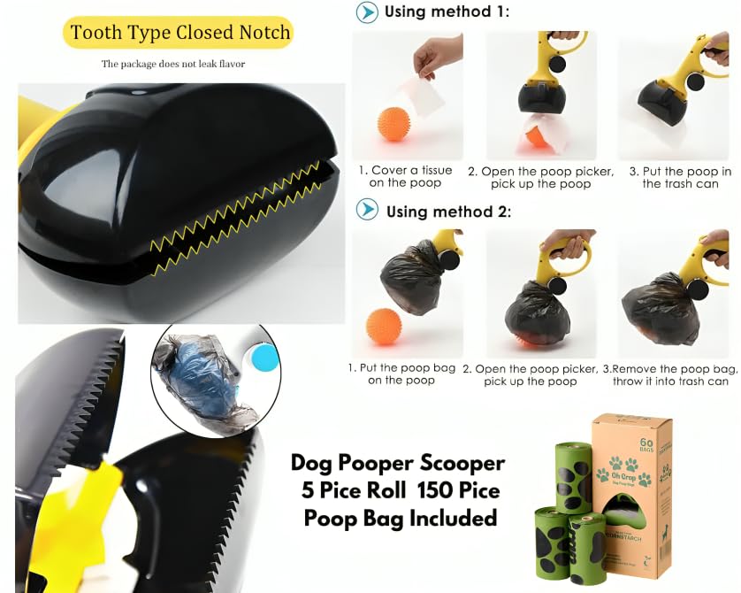 Image of Pooper Scooper for Dogs and Cats with Trash Bags (Including 5 Rolls of Trash Bag) (Yellow)
