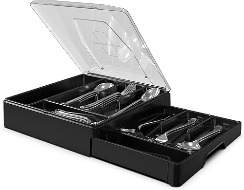 Geerna Bandeja de cubiertos de doble capa con tapa, soporte para utensilios para encimera, organizador de cubiertos para cajones de cocina con