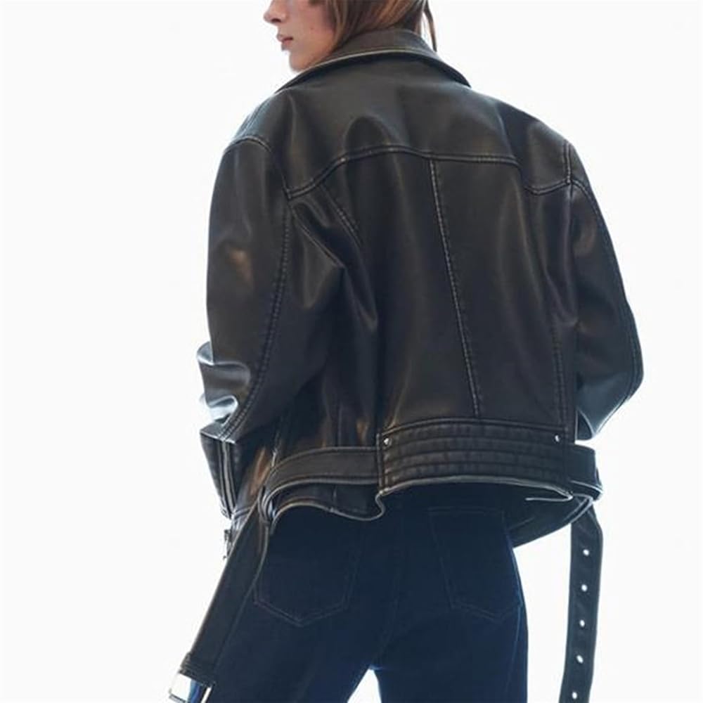 Vintage Women Loose Zipper Pu Faux Leather Jacket With Belt
