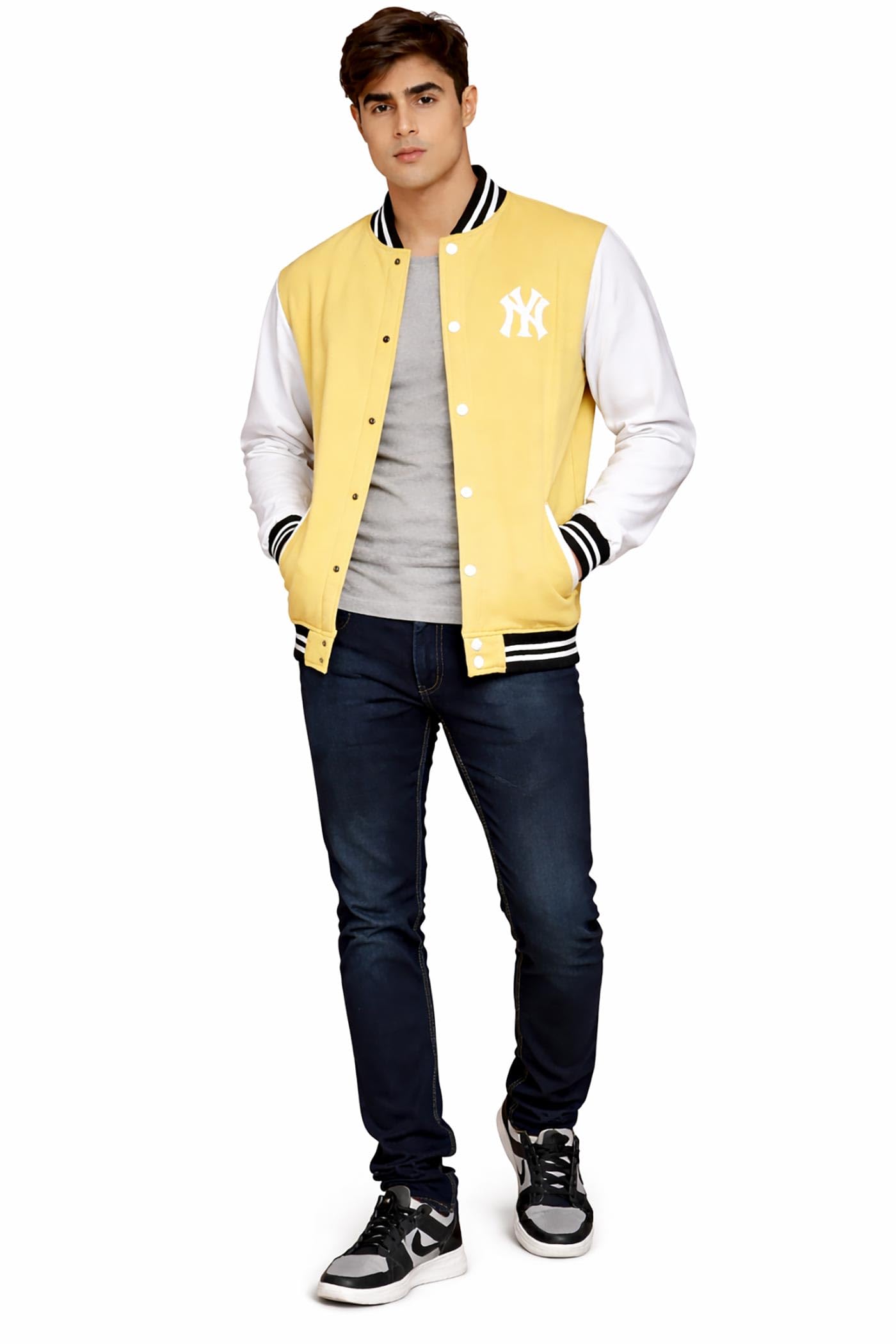 crazy sparkles Men's Yellow Varsity Jacket | Lightweight Cotton Blend Bomber | Stylish Snap-Button Sweatshirt with Side Pockets-picture-14
