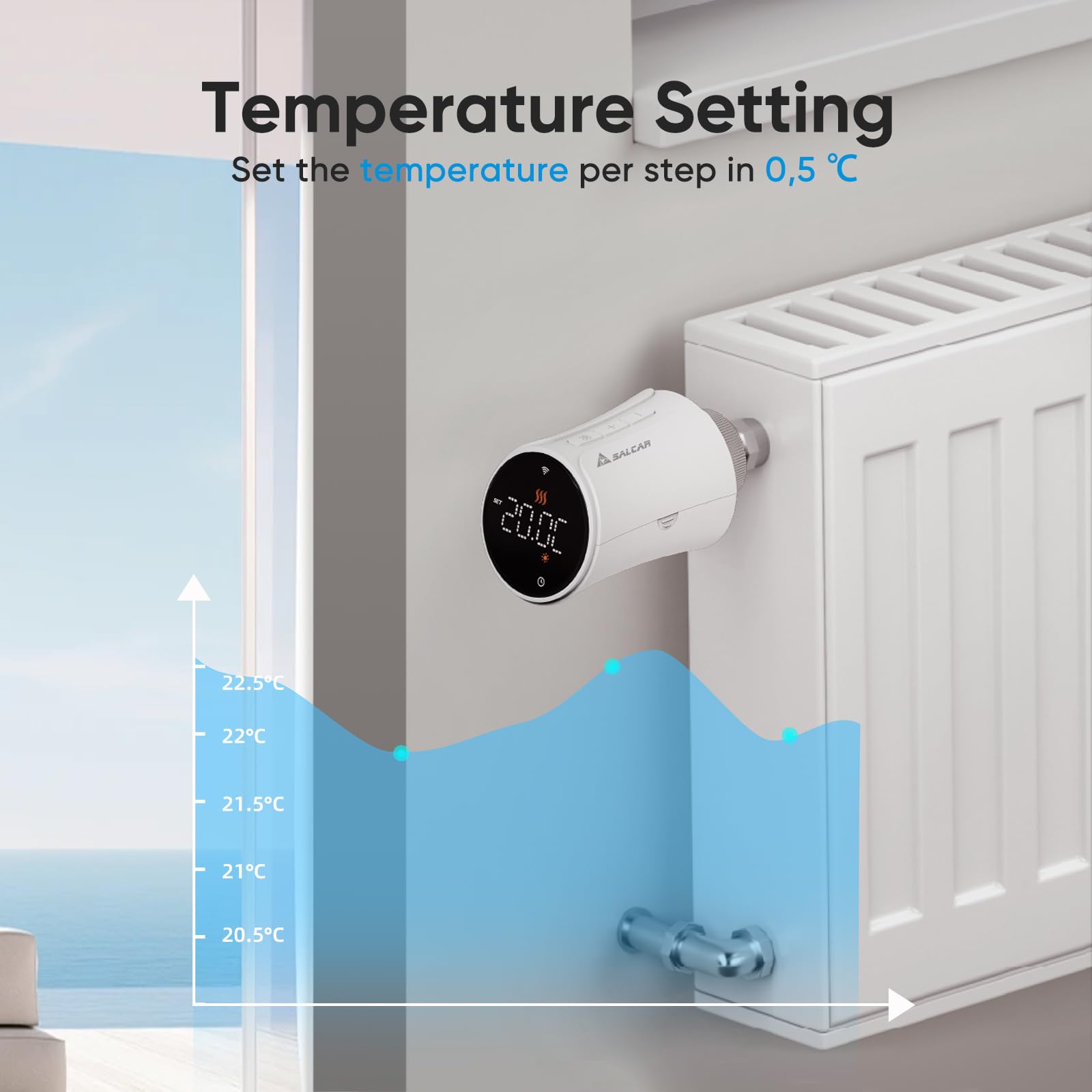 Salcar Termostato de radiador inteligente TRV706W Juego de 3 piezas Termostato WiFi compatible con Amazon Alexa y Google Home programable Termostato de calefacción Tuya Radiador inteligente con