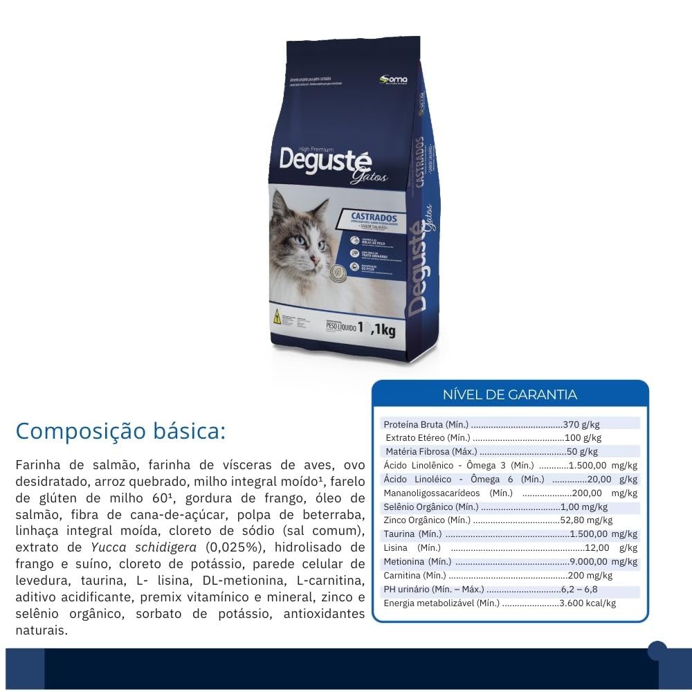Ração Degusté High Premiun Gatos Castrados 1 Kg Sabor Salmão