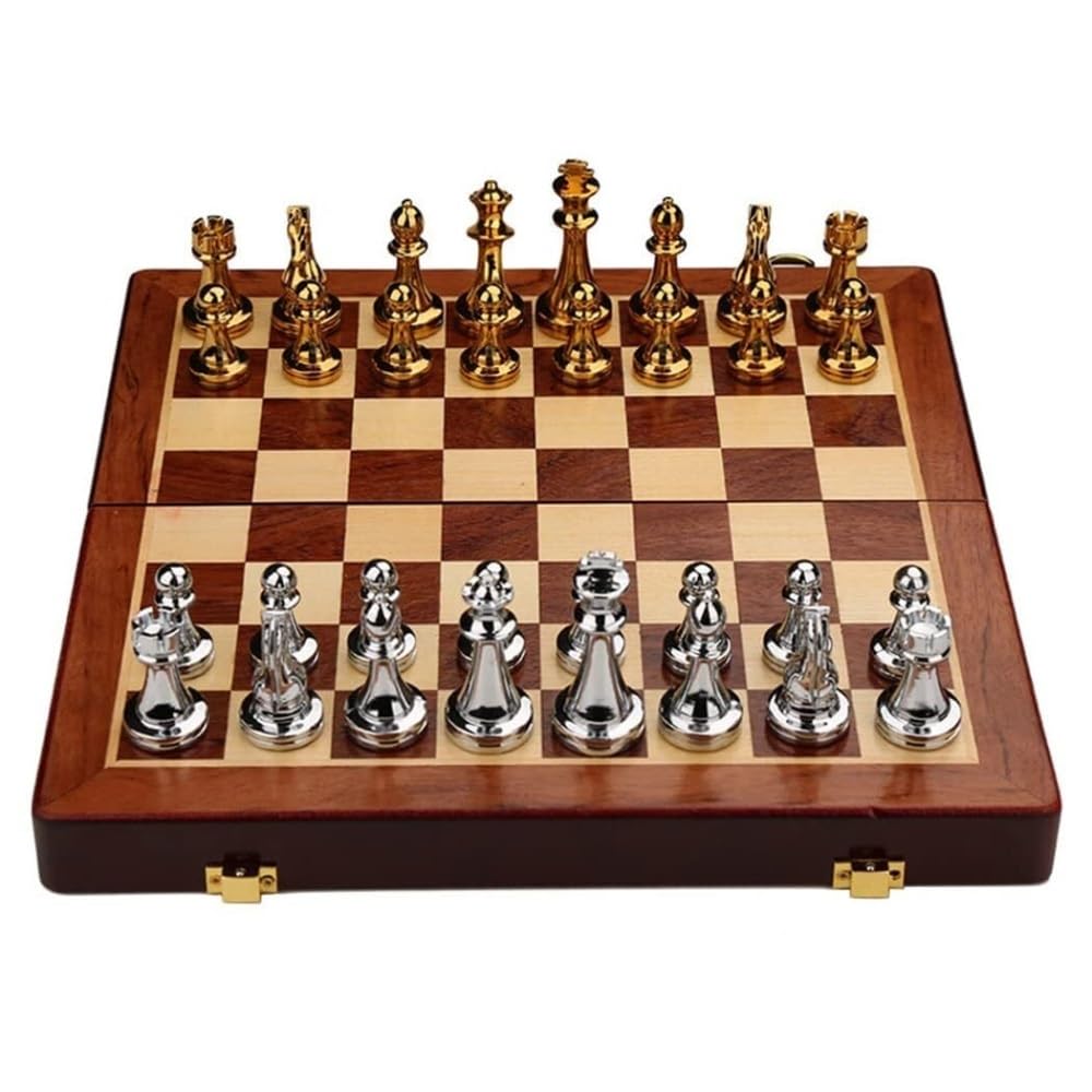 Retro Schachspiel aus Metall mit faltbarem Holz-Schachbrett und klassischen handgefertigten Standardstücken Schachspiel aus Metall für Kinder und Erwachsene. tragbares Schachbrett