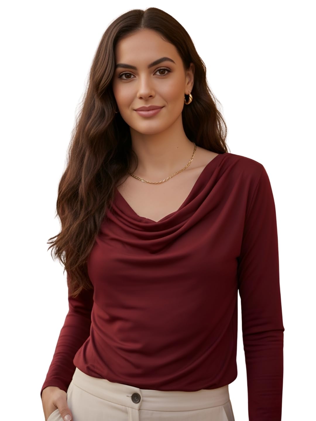clobug Women’s Solid Mesh Long Sleeve Slim Fit T-Shirt | Stretchable Cowl Neck Top for Casual (,)-picture-12