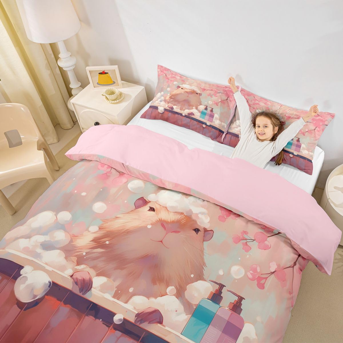 Homewish Urocza kapibara super king poszewka na kołdrę akwarela kwiat wiśni zestaw pościeli dla dorosłych nastolatków kobiet mycie kapibara poszewka na kołdrę śmieszne zestawy łóżek ze zwierzętami